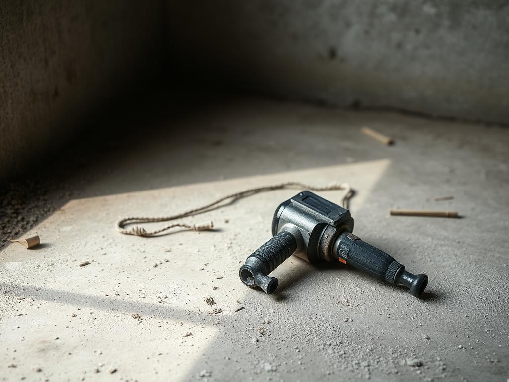 Rotary hammer drill on a dust-covered concrete floor