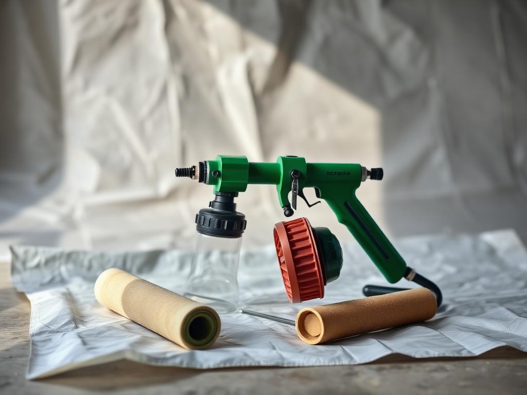 Green paint sprayer gun with mask and rollers