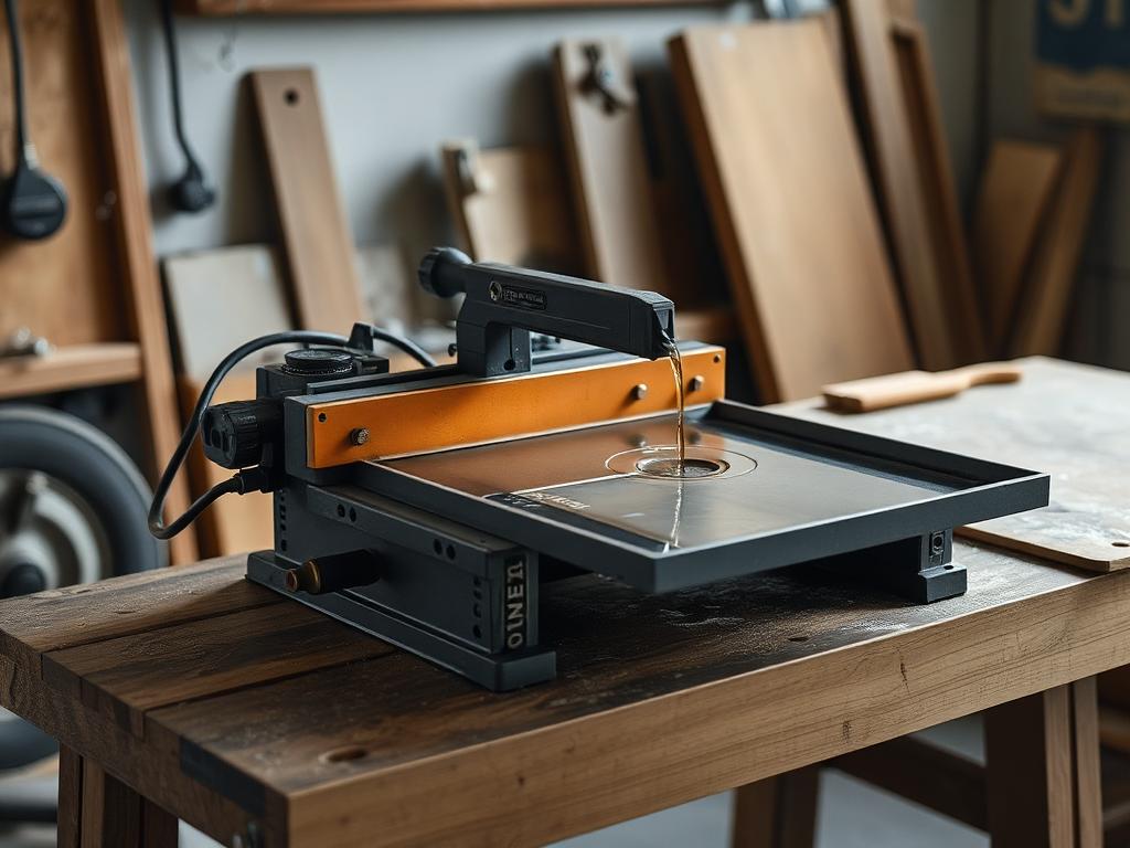 Wet tile saw with water tray on a workbench