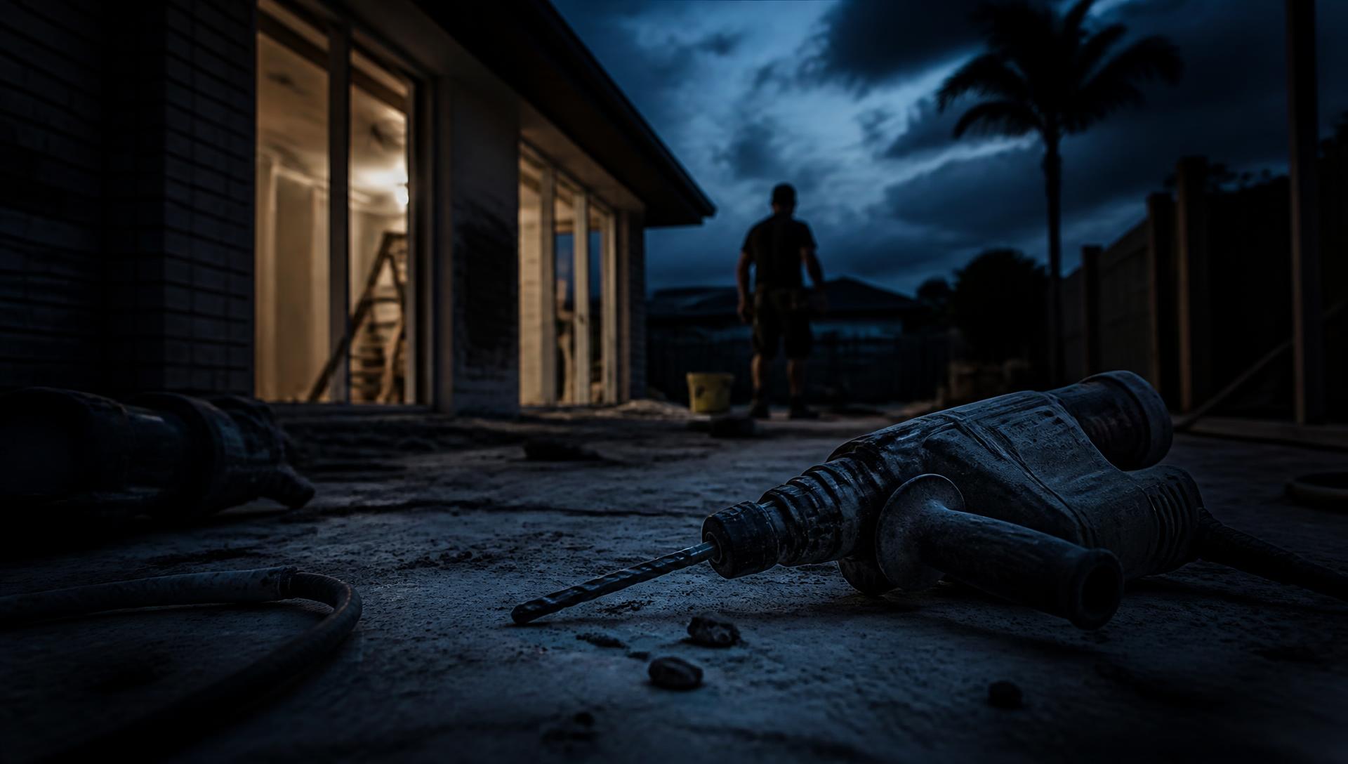 Renovation jobsite at dusk with a rotary hammer resting on concrete