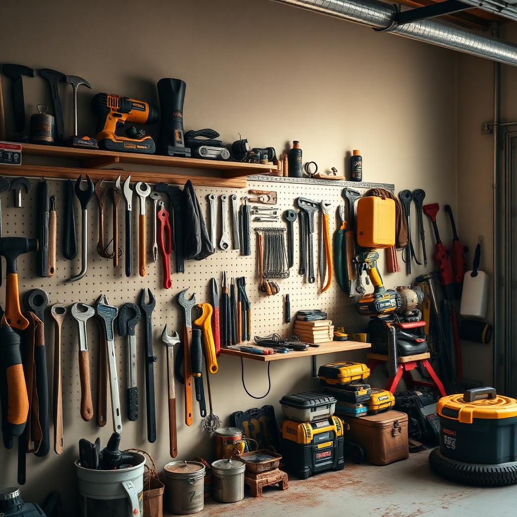 A well-organised garage wall of tools ready to be listed