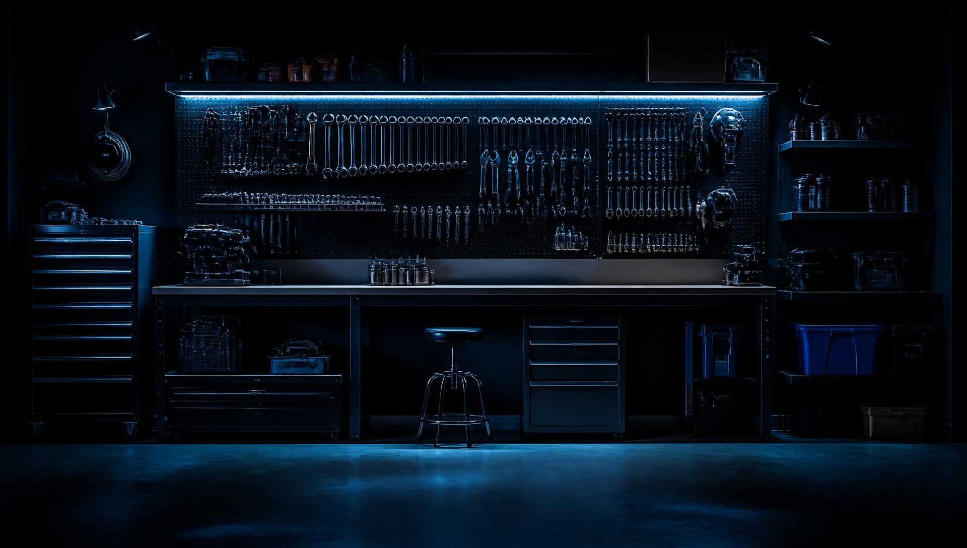 Home garage workshop wall of neatly organised tools lit in cool blue light